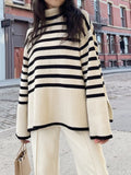 Taooba-Women's Striped Print Sweaters Long Sleeve Turtleneck Side Split Pullovers Casual Knit Tops