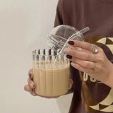 Taooba-Simple Striped Glass Straw Cup with Cute Lid,Juice Bubble Water Cup,Heat-resistant Coffee Cup,Colorful Drinking Cup Water Bottle