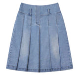 Taooba- Y2k Streetwear Denim Pleated Skirt Women Vintage Low Waist A-line Distressed Knee-lenght Jeans Skirt Japanese Fashion