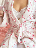 Taooba Robe Women Cotton Floral Long Sleeve Nightwear Shower Bathrobe Kimono Cute Sweet Cherry Print Sleepwear Pajamas Gowns Robes