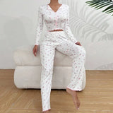 Autumn Winter Floral Print Pajamas Set for Women Sleepwear Long Sleeve Top and Long Pants 2 Piece Casual Homewear Loungewear