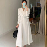 Taooba-Women's Spring Autumn Casual A-Line Midi White Shirt Dress Long Sleeve Elegant Slim Waist Vestidos Female Fashion Black Clothes