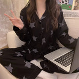 Taooba Christmas Outfit Korean Pajamas Women's Spring and Summer New Long-sleeved Black Star Full Print Loungewear Set Pijamas Women Lingerie Sleepwear