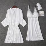 Taooba-Spring New Sexy Suspender Sleepwear Women's Sexy Lace Bathrobe Satin Mid Sleeved Nightwear Intimate Lingerie Twinset Robe Set