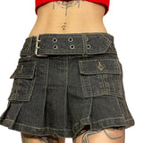 Taooba-Women's Spring Summer Y2K Aesthetics Low Waist Mini Denim Skirt Solid Color Pleated Multi-pocket Skirt with Belt 2000s Club Wear