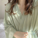 Taooba Christmas Gift Bathrobe Women Cotton Long Sleeve Robe Plaid Female Japanese Kimono Autumn Sleepwear Home Clothes for Sleeping Pajamas Nightgown