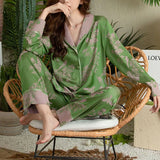 Taooba Christmas Gift Women Pajamas Set Large Collar Green Cardigan Home Wear Two-Piece Long-Sleeved Outside Ladies Ice Silk Sleepwear Spring Autumn