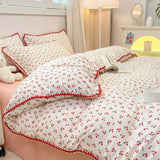 Taooba Christmas gift Bedding Set INS Girls Cherry  Soft Washed Cotton Bed Sheet Queen King Size Duvet Set  Comforter Set Pillowcase Bed Linens