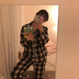 Taooba Christmas Outfit Ins Japanese Casual Pajamas Women's Autumn Thin Girl's Home Lapel Cardigan Two-piece Set Fashion Plaid Pyjamas Women Homewear