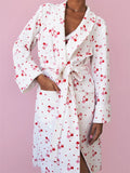 Taooba Robe Women Cotton Floral Long Sleeve Nightwear Shower Bathrobe Kimono Cute Sweet Cherry Print Sleepwear Pajamas Gowns Robes