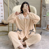 Taooba-Thick Coral Fleece Pajamas Sets Lapel Women Long Sleeves Cute Bunny Shirt Pant Sleep Suit Homewear 2Pcs Casual Loungewear