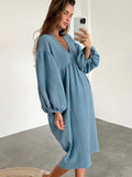 Taooba Linad Lantern Sleeve Night Dress Women Loose V Neck Sleepwear 2022 Autumn Cotton Woman Dresses Casual Pajamas Solid Elegant