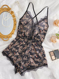 Taooba Contrast Lace Leopard Print Teddy Criss Cross Back Romper Mesh Bodysuit Sheer Nightwear Women's Sexy Lingerie & Underwear