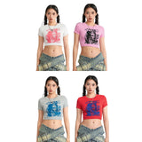 Taooba 2024 New Fashion Women's Summer Baby Tee Cartoon Portrait Letter Print Short Sleeve Round Neck Crop Tops Cute Streetwear