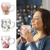 1pc 350ml Dry Flowers Glass Cup Fillings Double Wall Glass Cup With Handle Heat Resistant Tea Coffee Cups Espresso Milk Mug