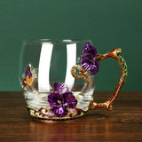 1pc Flower Enamel Crystal Tea Cup Heat Resistant Coffee Mug Butterfly Flower Water Cups Clear Glass with Spoon Set  Coffe Cup