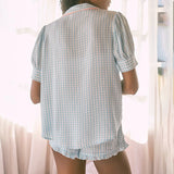 Taooba Kawaii Plaid Pajamas 2 Piece Set Short Sleeve Button Up Blouse Tees Shirt + Frill Trim Shorts 00s Fairycore Retro Sleepwear