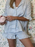 Taooba-Y2k Kawaii Women 2 Piec Plaid Pajamas Shorts Sets Ruffle Short Sleeve Shirts Tops Outfits Pj Lounge Sleepwear Summer Homesuits