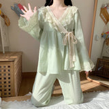 Taooba Christmas Outfit Women's Pajamas Set Spring Summer 2 Piece Kimono 100% Cotton Pyjama Lace Soft Sleepwear Long Sleeve Pijama Mujer Pjs Homewear