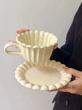 Taooba-Vintage Cream Lace Ceramic Coffee Cup and Plate Set Latte Cup High Appearance Afternoon Tea Cup