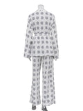 Taooba Casual Loose Print Pajamas Women Night Wears Elegant Long Sleeve Lace-Up Robes With Wide Pants Set Female Sleepwear