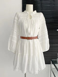 Taooba-Elegant Hollow-out White Dresses For Women Simmer New Lantern Sleeve With Belt Mini Dress French Style Shirt Vestidos 2024