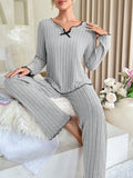 Taooba Women Autumn Winter Sleepwear Ribbed Pajamas Set Long Sleeve Top and Long Pants 2 Piece Set Casual Homewear Loungewear