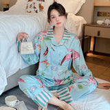 Taooba Christmas Outfit Women's Pajamas Sets Spring Autumn 2 Piece Flamingo Print Pyjama Faux Silk Satin Sleepwear Long Sleeve Pijama Mujer Pjs Homewear