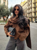 Taooba Women Brown Scarf Shawl Collar Short Wool Blends Coat Elegant Fashion Long Sleeve Casual Jacket 2024 Autumn New Street Outerwear