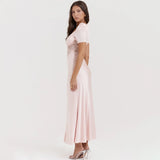 Taooba-Suninheart Wedding Guest Dresses Women 2024 Autumn Pink Elegant Short Sleeve Lace Party Dresses Long Maxi Formal Occasion Dress