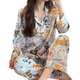 Taooba Christmas Outfit Pajamas for Female Spring and Autumncute Cat Cardigan Long Sleeved Pajamas Set Satin Loungewear Women Lingerie Kawaii Girl's Pjs