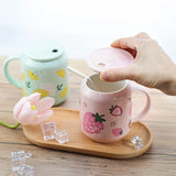 1pc 400ml Cute Fruits Mugs Creative Can Cartoon Ceramic Mug With Straw Lid Milk Tea Mug Office Home Travel Coffee Water Cup