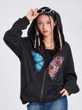 Taooba-Women Butterfly Print Hoodies Y2K Harajuku Oversized Long Sleeve Zip Up Hooded Jacket Female Autumn Hip Hop Punk Sweatshirt Top