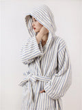 Taooba-Fashion CottonYarn Striped Bathrobes Soft Cozy Absorbent Bath Towel Robes V Neck Hooded Loose Sleepwear  Adult Bath  Robes