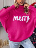 Taooba-Women Merry Sweaters Turtleneck Long Sleeve Letter Print Loose Knitted Pullover Merry Christmas Sweater