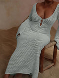 Taooba-V-neck Hollowed Out Sexy Dress, Knitted Tight Fitting Long Sleeved Autumn and Winter New 2023 Fashion Casual Perspective Elegant