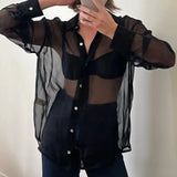 Taooba-Sexy Women Button Blouses See Through Transparent Mesh Sheer Turn Down Neck Long Sleeve Ladies Black Single-breasted Crop Shirt