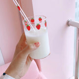 1pc 300ml Strawberry Coffee Mugs Cute Glass Cup with Straw Creative Transparent Water Drinking Kitchenware Desktop Decoration