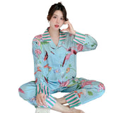 Taooba Christmas Outfit Women's Pajamas Sets Spring Autumn 2 Piece Flamingo Print Pyjama Faux Silk Satin Sleepwear Long Sleeve Pijama Mujer Pjs Homewear