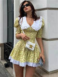 Taooba-Summer Printed Patchwork Mini Dress Female V-Neck Short Sleeve Slim Fashion Elegant Party Dress Gown For Women Dress 2024