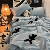 Instagram Embroidered Blue Lazy and Cute Rabbit Soybean Summer Quilt Set of Four, Washable Towel Embroidered Thin Sheet, Two