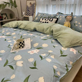 Floral Blue Bedding Set Bear Rabbit Printed Single Queen Size Boys Girls Duvet Cover Sheet Pillowcase Kit for Young