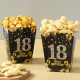 6pcs Birthday Paper Popcorn Box Black Gold Party Favor Treat Box for 18 21 30 40 50 60 Years Old Aldult Birthday Party Suplies