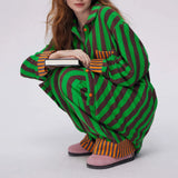 Taooba Women Striped Print Pajama Set Lapel Neck Button-up Long Sleeve Tops Long Pants Fall Winter Loungewear Outfit