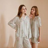 Taooba New Fashion Viscose Long Sleeve Floral Pajama Sets For Women Ankel-Length Pants Nightwear Spring Summer Comfortable Home Clothes