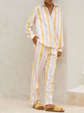 Taooba-Women Striped 2 Piece Pajamas Set Y2K Long Sleeve Baggy Shirt Wide Leg Pants Lounge Sleepwear Pj Matching Sets