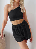 Taooba-Women’s Casual 2 Piece Going Out Outfits Sleeveless One Shoulder Smocked Crop Tops + Tie up Shorts Sets Summer Tracksuits