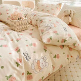 Floral Bedding Set No Filling Kawaii Rabbit Duvet Cover Flat Sheet Pillowcase Soft Bed Linens Single Full Dormitory Home Textile