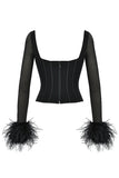 Taooba-Women's Feather Trim Long Sleeve Crop Top Square Neck Bustier Corset Top Faux Fur Y2K Fairy Basic Summer Tee Shirt