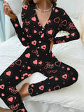 Taooba-Valentines Day Women Sexy Bodycon One Body Pajama Heart Print Long Sleeve Button V Neck Jumpsuit 1Piece Romper Sleepwear